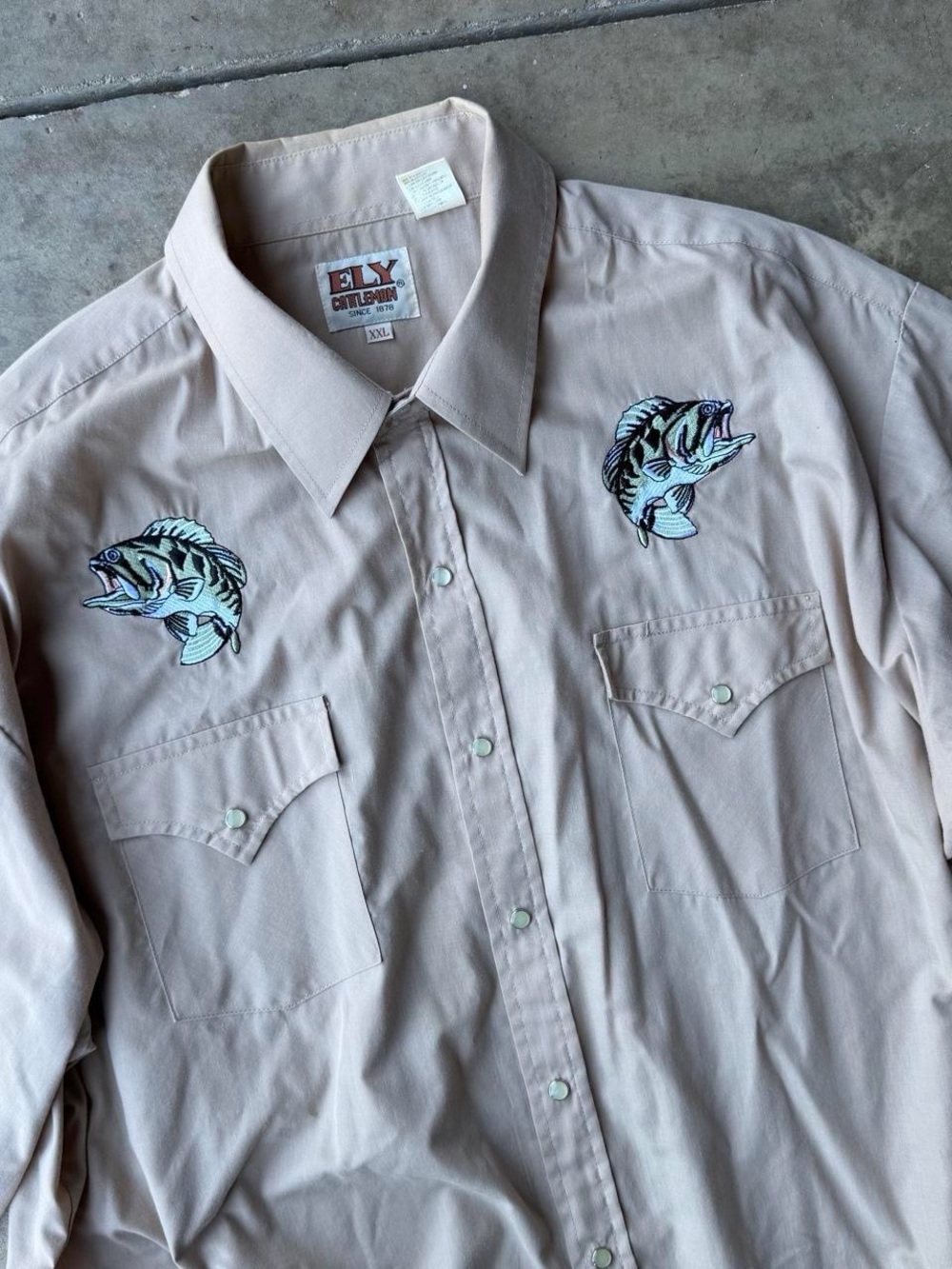 90s Ely Cattleman Fishing Shirt with embroidered fish
Size XXL